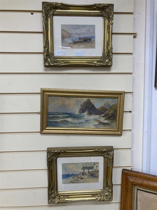 Three watercolours by J C Uren, A rocky coastal scene, boating scene and coastal cottage scene
